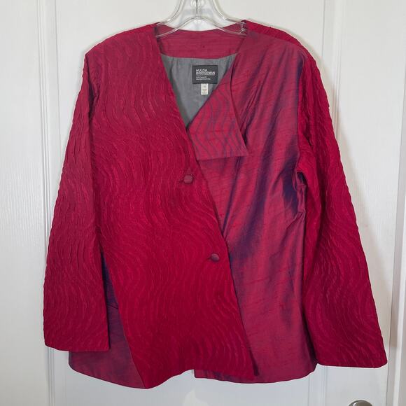 Hulda Bridgeman Jackets & Blazers - Hulda Bridgeman Lagenlook Silk Jacket Art-to-Wear Fiber Artist Red Raspberry M